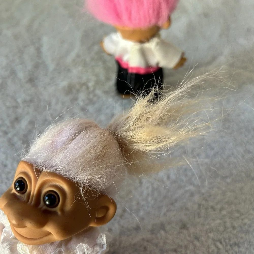 Vintage Russ Troll Doll Girl Nightgown Light Pink Hair& Groom Doll In Tux